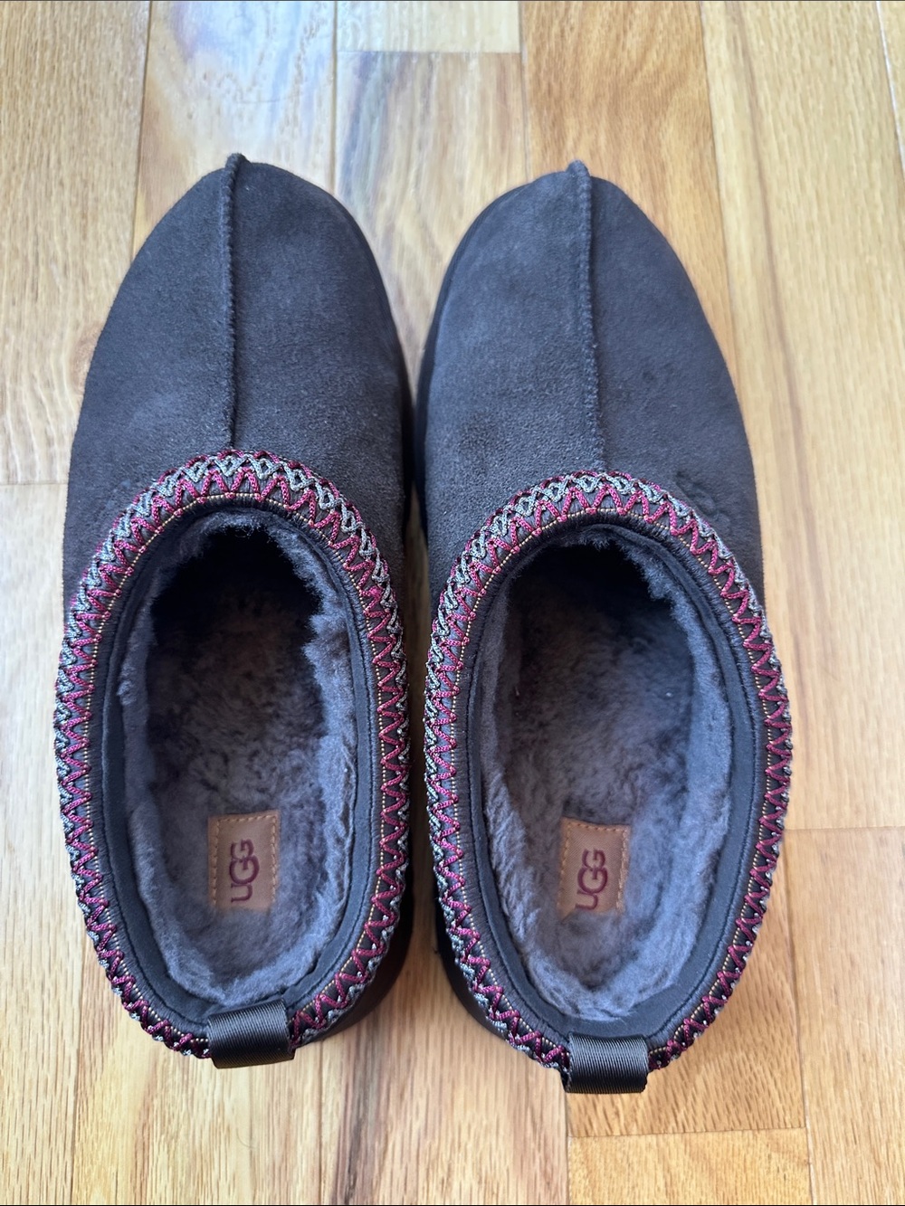 UGG Tazz II Dusted Cocoa Suede Shearling-Lined Mules with Red Accent Trim